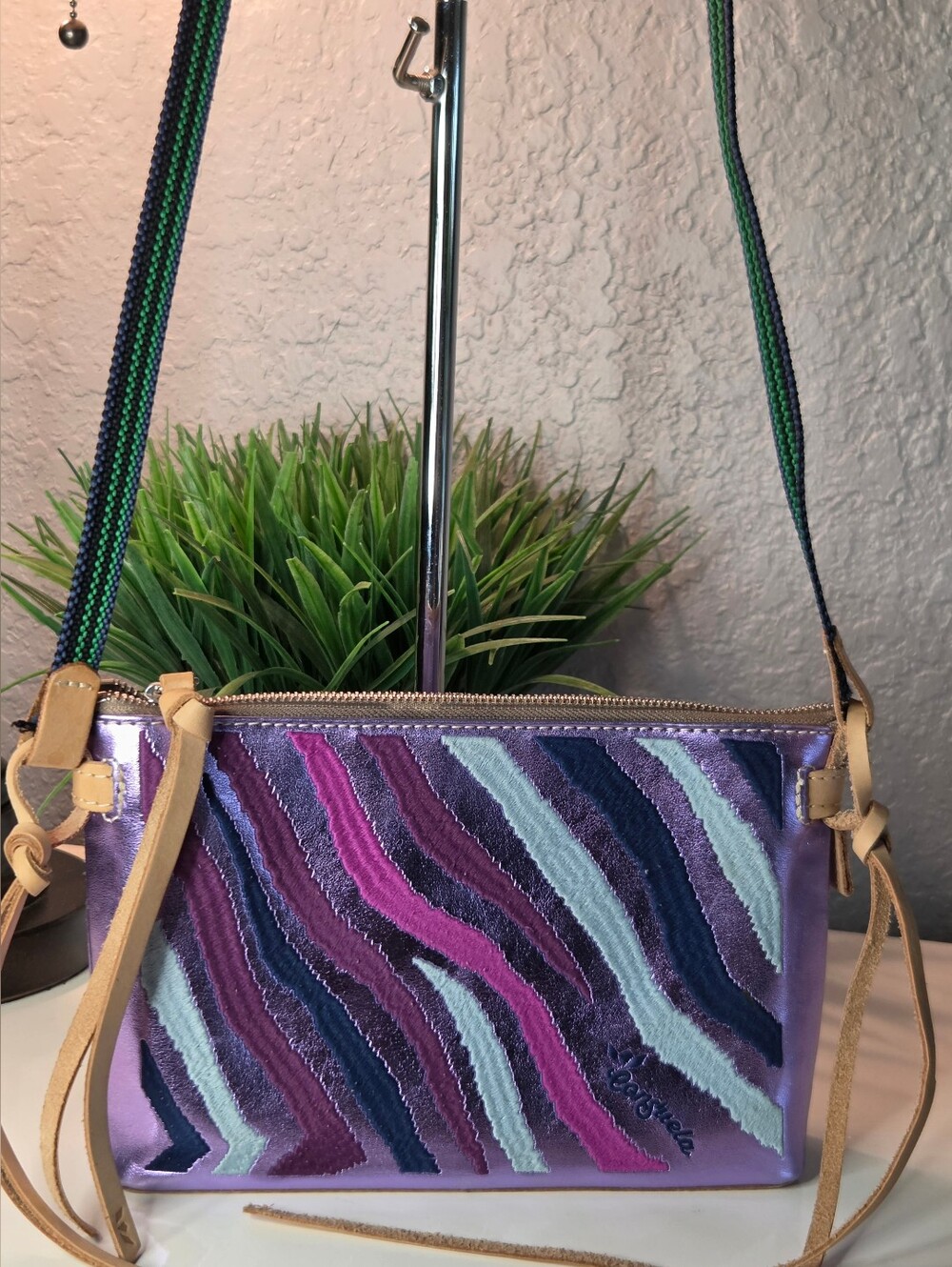 Consuela Val Midtown Crossbody Purple Metallic Zebra Embroidered